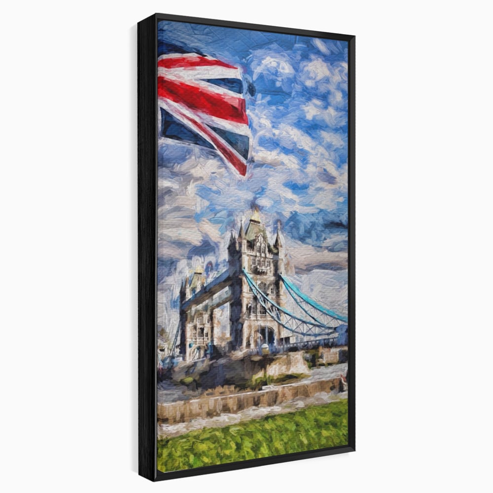 Tablou canvas cu tablou canvas cu tower bridge si steagul marii britanii, in rama de aluminiu negru